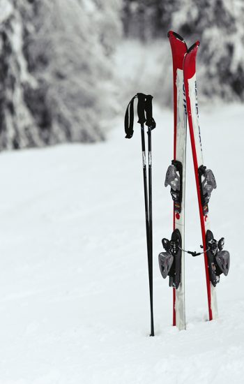 Red and white skis put in the snow in forest
